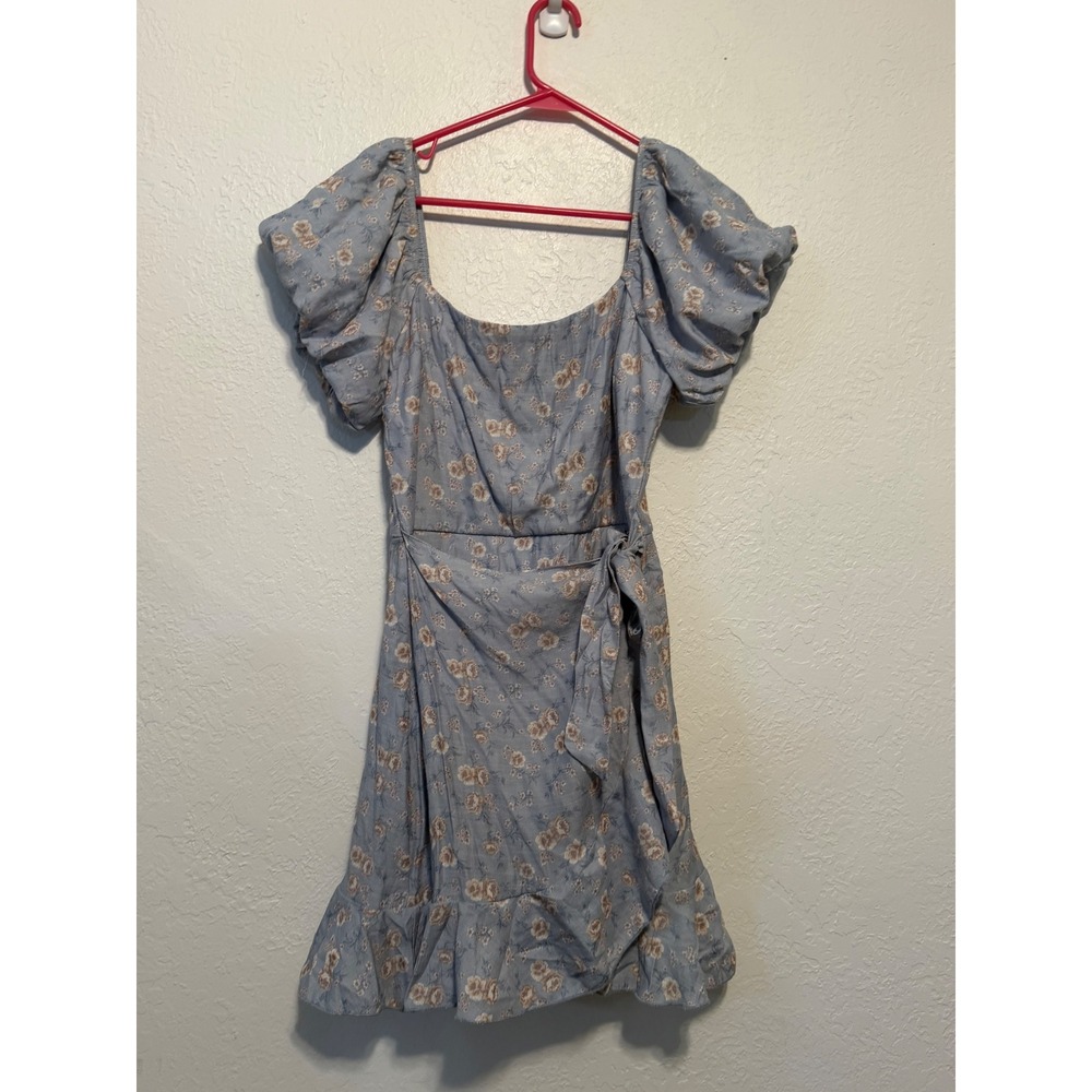 Trixxi Blue Floral Puff Sleeve Wrap Mini Dress Ruffle Hem Square Neck Medium
